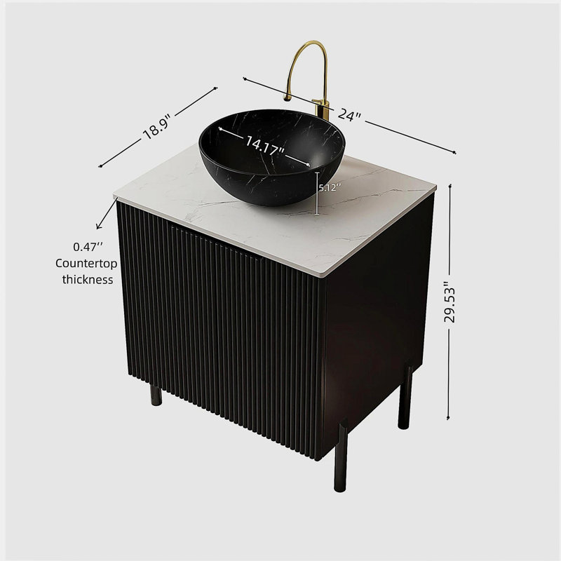 Ensemble de meuble-lavabo sur pied 24 po avec lavabo, meuble-lavabo de salle de bain autoportant à 2 portes TURIO avec vasque en céramique noire avec motif en pierre et comptoir en pierre frittée blanc de Carrare, sans robinet, couleur noire