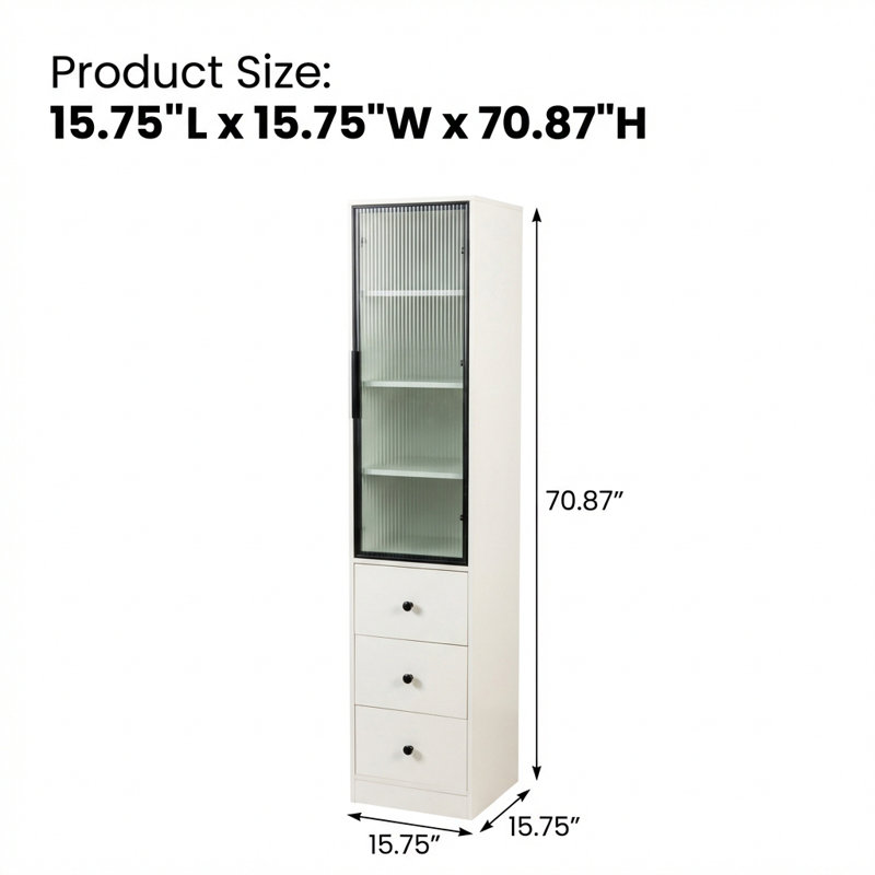 Tall Narrow Glass Door Storage Cabinet with Three Drawers for Bathroom Living Room and Kitchen Organization