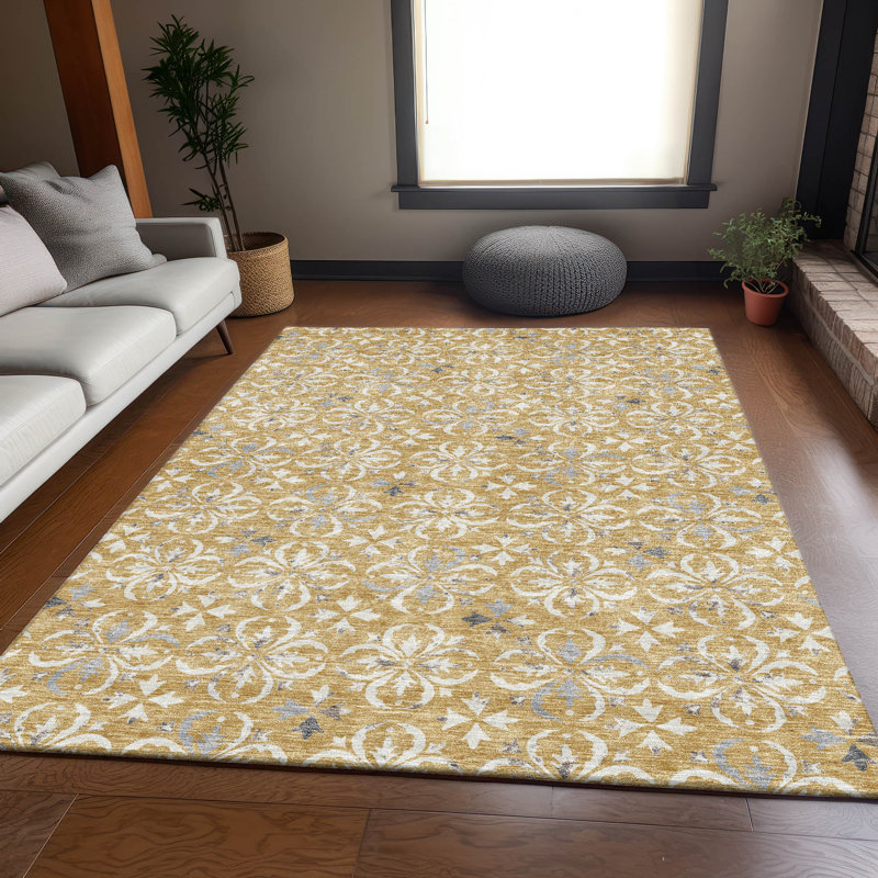 Premium Machine Washable Prisco Gold Rug, Rectangle 2'6" x 3'10"