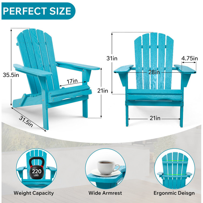 Embossed Wooden Outdoor Folding Adirondack Chair with Pre-Assembled BackRest & SeatBoard,Wood Patio Chair for Garden Backyard Porch Pool Deck Firepit with Wood Grain