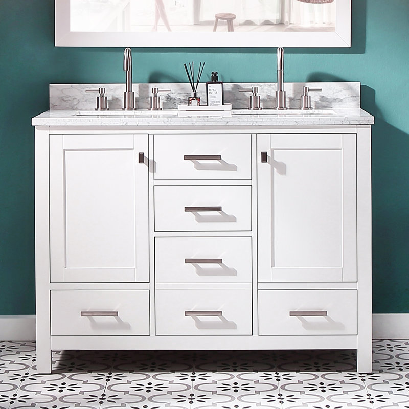 Ensemble de meuble-lavabo à double cuve moderne et traditionnel de 48 po avec comptoir et dosseret en marbre de Carrare italien blanc Vitor, entièrement assemblé