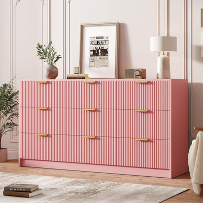 Commode 9 tiroirs, commode cannelée moderne de 59 po de largeur avec poignées en métal doré