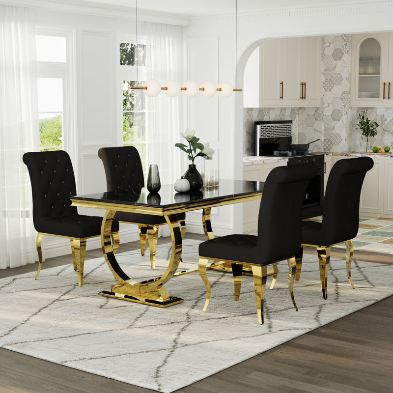 Luxury Black And Gold Dining Table Set With Black Velvet Dining Chairs, 5