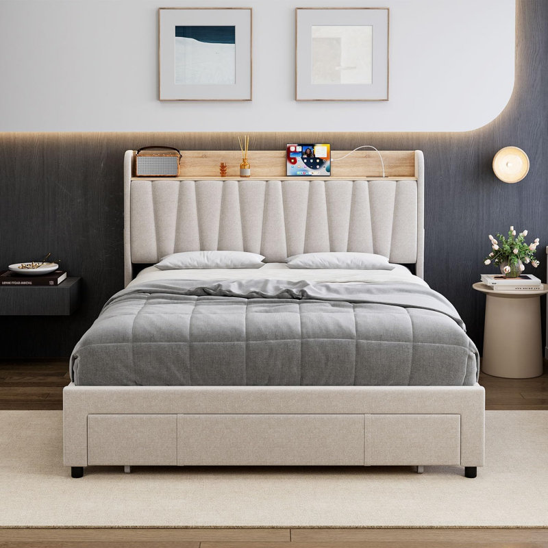 Bed Frame, Storage Headboard and Charging Station, Beige, Queen