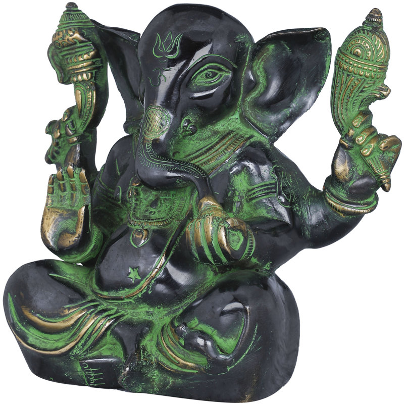 Ganesha avec grandes oreilles en laiton, Noir / vert