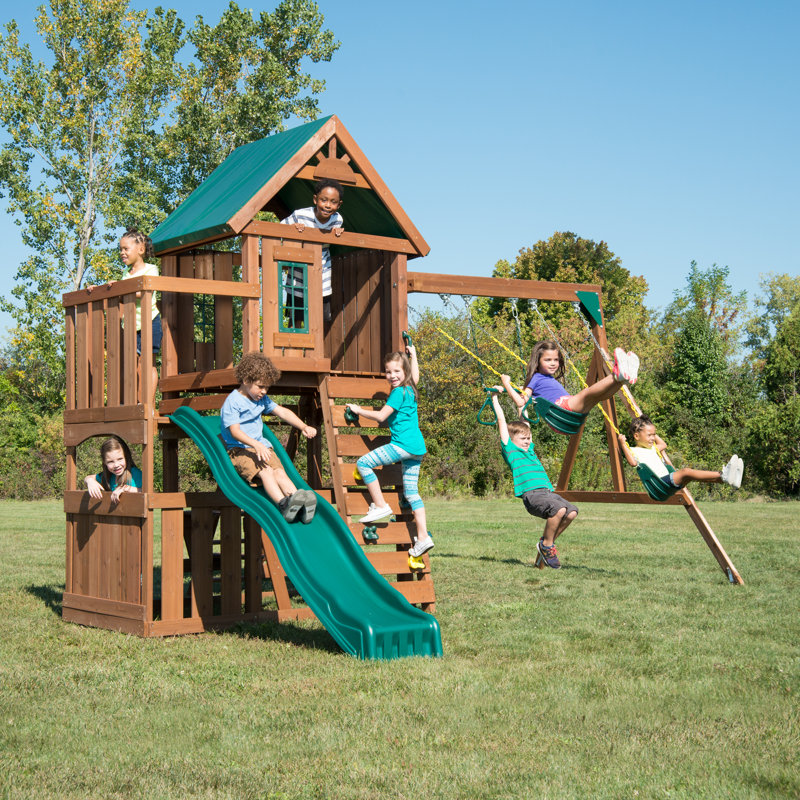 Elkhorn Wooden Backyard Swing Set with Slide and Climbing Wall