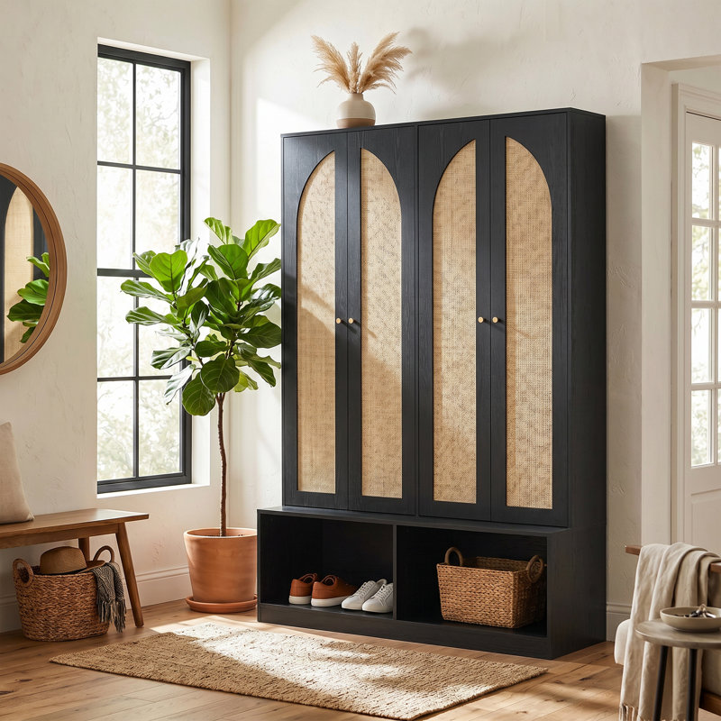 Farmhouse Style 55.1"W Black Finish Hall Tree with Rattan Cabinet Doors, Adjustable Inner Shelves and 6 Coat Hooks, 4-in-1 Entryway Storage Bench Cabinet for Living Room & Mudroom