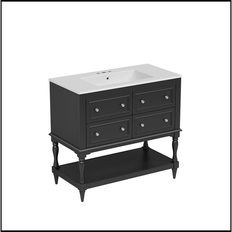 Ensemble de meuble-lavabo 36 po avec ensemble de meuble-lavabo, lavabo en céramique encastré, ensemble de meuble-lavabo autoportant avec 4 tiroirs, armoire de salle de bain avec cadre en bois massif