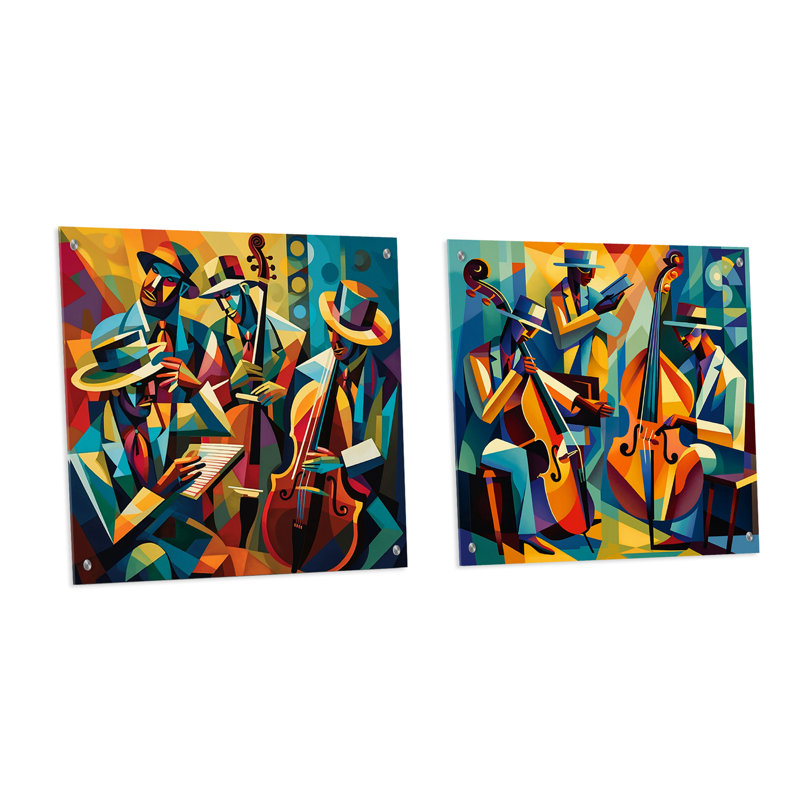 Ensemble de 2 art mural en verre Jazz Performance On Stage I - Music Jazz, H 16 po x l 33 po