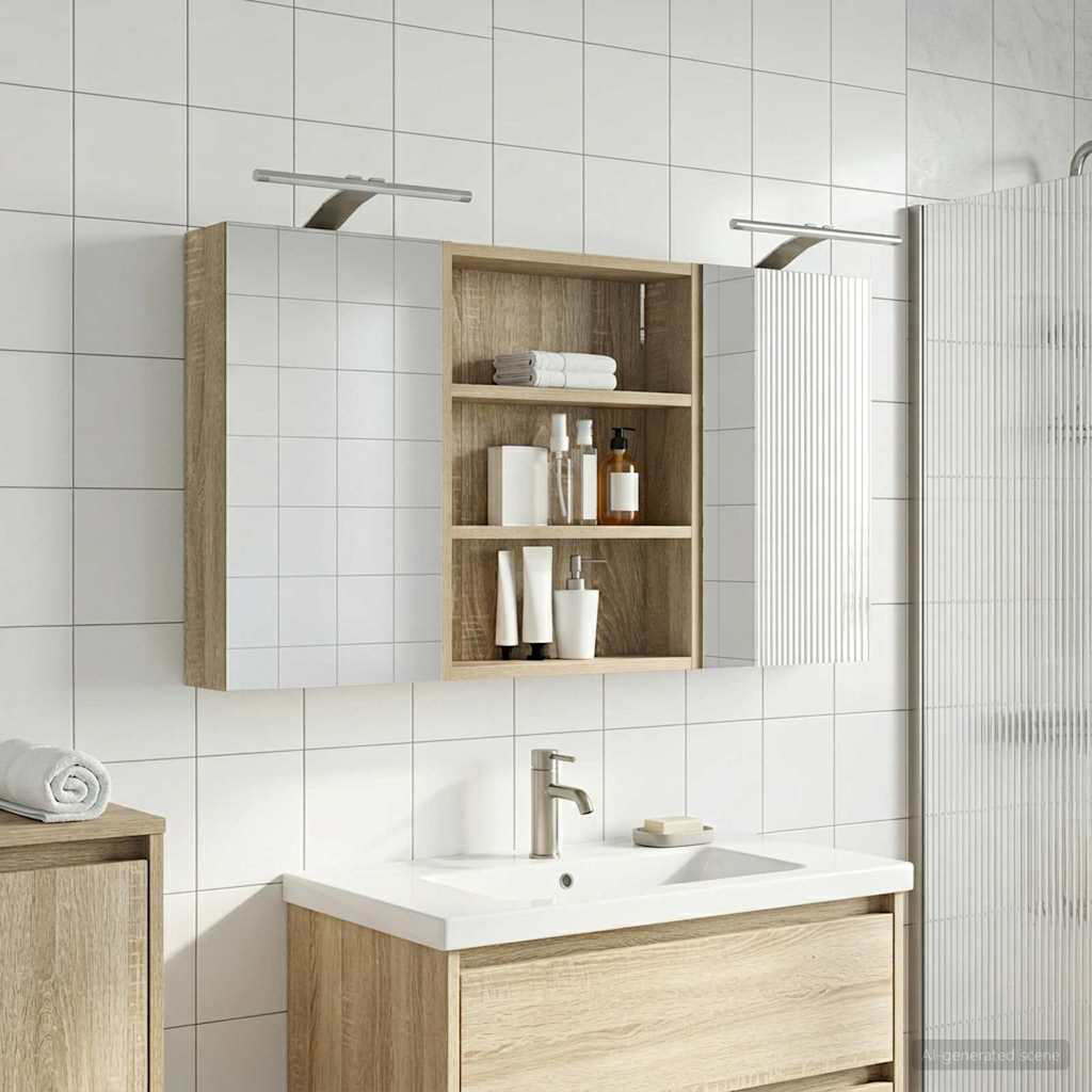 Bathroom Cabinet Set With LED Strip Lights Engineered Wood Shelving