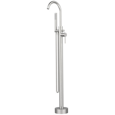 Robinet de salle de bain autoportant avec douche à main - Métal, fixation au sol, finition nickel brossé, débit élevé, bec pivotant à 360 degrés, robinet de baignoire à fixation sur appareil nickel, laiton, débit, poignée simple