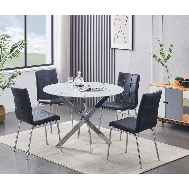 Pettingill Round Faux Marble Top Dining Table, White