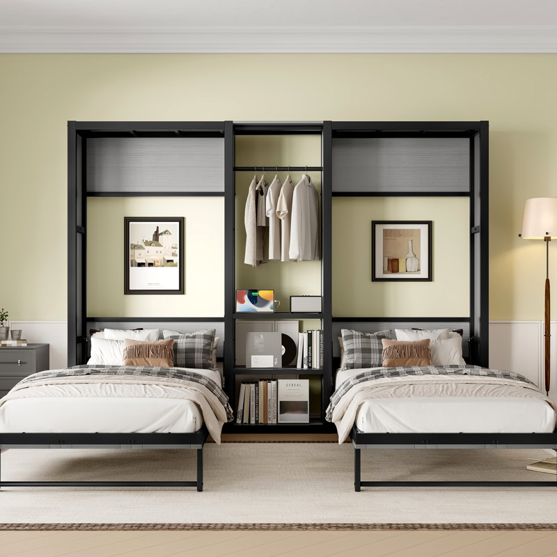 Lit simple gris pliable, lit en métal avec garde-robe intégré, tablettes ouvertes et prises de courant, conception 2 en 1 pour les espaces de vie de petite taille