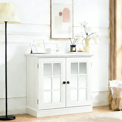 Storage Sideboard Cabinet With Adjustable Shelf, 2 Mirrored Doors, White 3D Wood Grain, For Dining, Living, Kitchen, Lightweight, Resilient Living Room Decorative Metal Handles, Compact, Contemporary