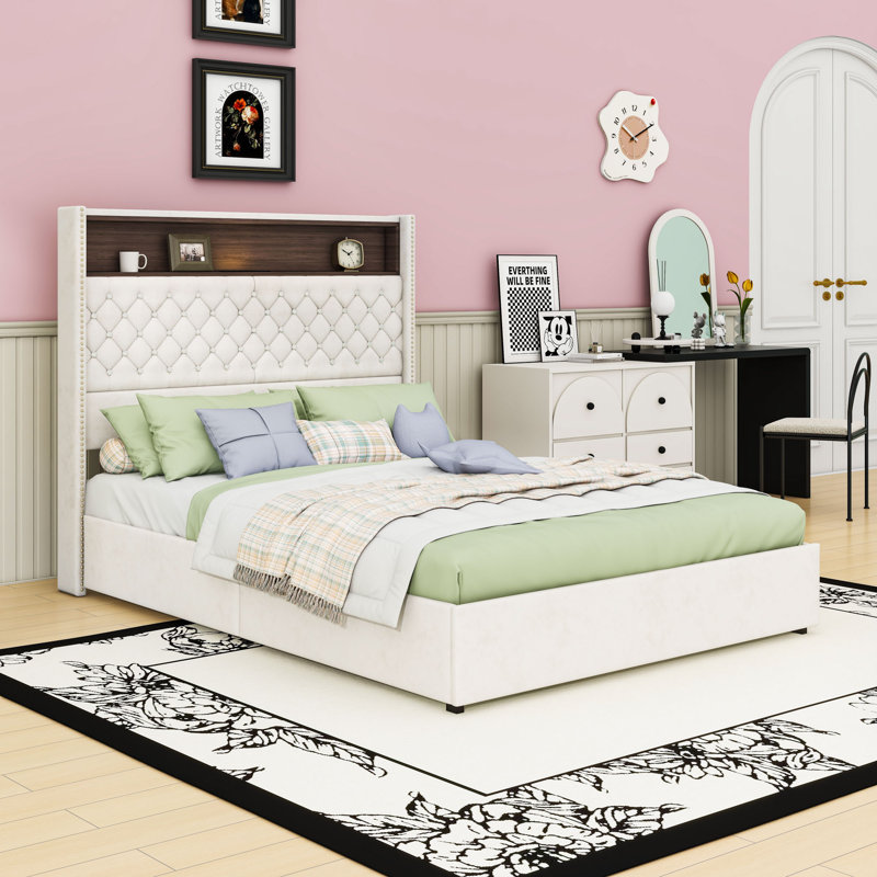 Lit plateforme tapissier avec veilleuse, port USB et tête de lit, Beige, Complète