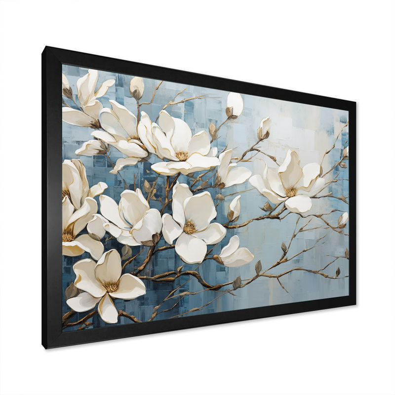 «Blue and Gold Painted Magnolias VI», art mural sur toile Magnolias, H 12 po x l 20 po, Cadre photo unique, Noir