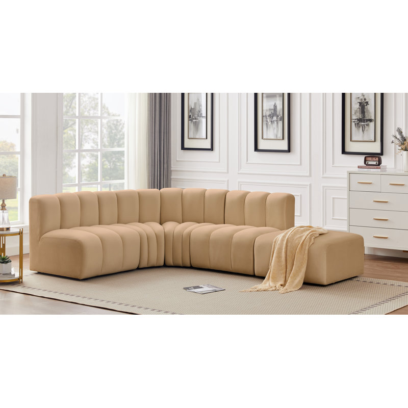 Isleen Upholstered Curved Sectional with Ottoman Reversible, Camel Velvet