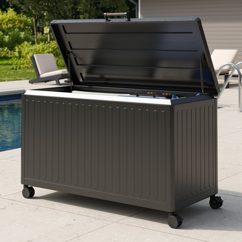 Outdoor Water Resistant Metal Deck Box With Wheels, Charcoal, 31'' H x 55.75' W x 28.3'' D