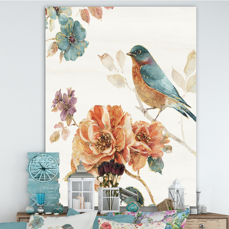 «Cottage Bird on Orange Flower Twig», reproduction d'art sur toile tendue, H 20 po x l 12 po x P 1po