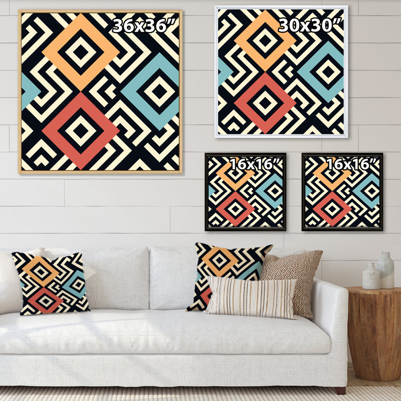 Carrés méandres géométriques, bleu rouge, orange I - Impression sur toile, Cadre flottant en érable, H 16 po x l 16 po