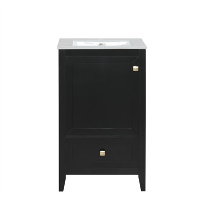 Meuble-lavabo de 20 po avec lavabo, armoire de salle de bain avec porte à fermeture douce, support de rangement et tiroir, noir