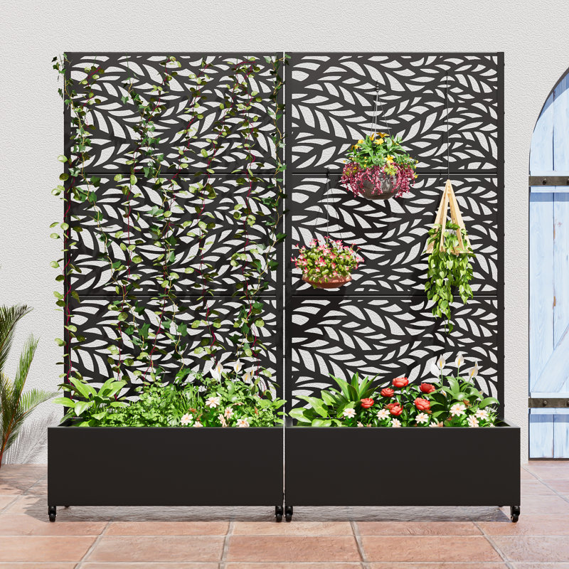 Outdoor Metal Planter Box Raised Garden Beds with Trellis, 73" H x 35" W x 16" D