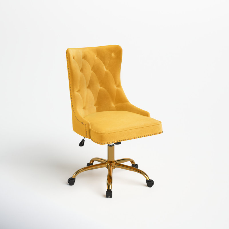 Lisa Swivel Height-Adjustable Wingback Tilting Velvet Task Chair with Tufted Naihead Trim, Mustard Velvet