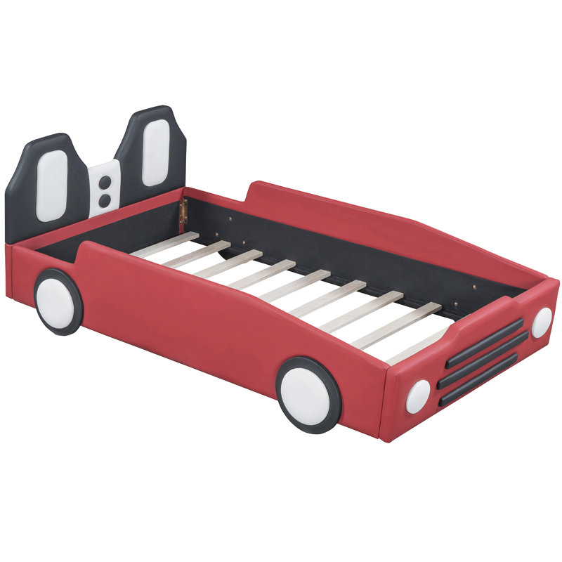 Red Twin Size Bed With Race Car-shaped Construction And Wheels, Comfort Combined Platform Wheels Car Design, Stable Comfortable Resting