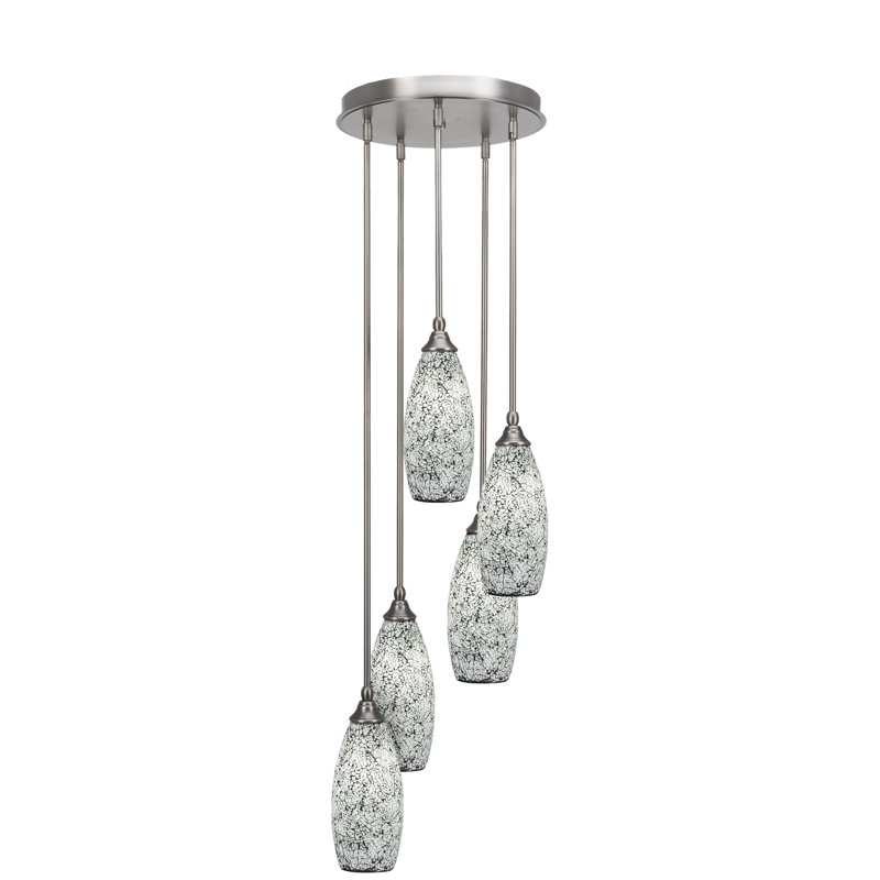 Aleila 5 Light Stem Hung Cluster Pendalier Shown With 5.5" Glass, Silver, Brushed Nickel