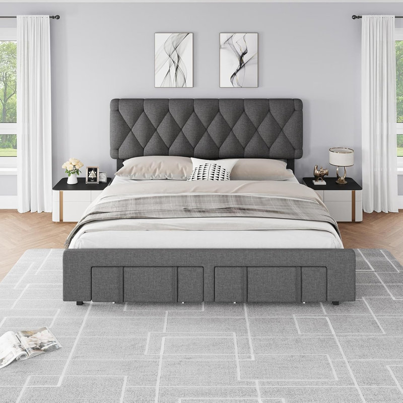 Contemporary Modern Button Tufted Upholstered Platform Bed, King Size/Beige
