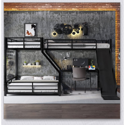 L-Shaped Bunk Bed with Loft, Metal Triple Bunk with Slide and USB Ports, Space-saving and Noise-free Design