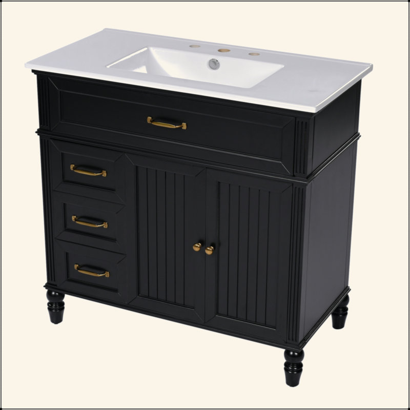 Meuble-lavabo 36 po avec lavabo, armoire de salle de bain noire avec tiroirs, structure solide et panneau de fibres à densité moyenne