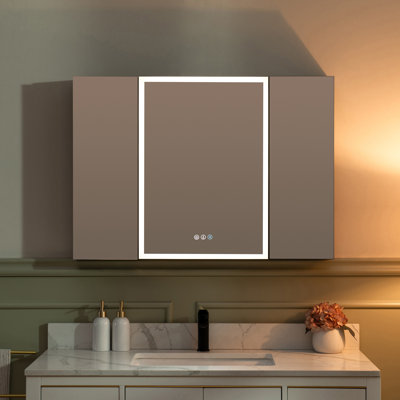 【Multi-Functional Cosmetic Mirror Cabinet】39.4"W x 27.9"H Wall-Mounted Surface Smart Storage Solution with Defogger, Dimmable Lighting & Built-in Outlets/USB Ports - Ideal for Organizing Makeup, Skincare & Toiletries