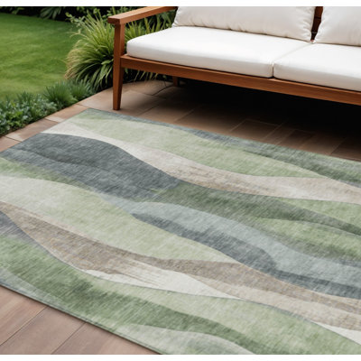 Tapis extérieur lavable abstrait vert et gris 8 'X 10' Fern