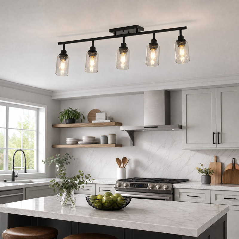 35" 5-Light Black Fixed Track Lighting Kit With Adjustable Heads And Glass Shades, 5 Lights