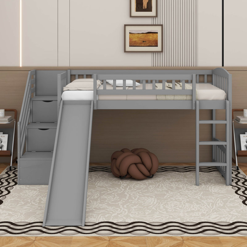 Lit mezzanine simple avec glissière Stairway, Gris