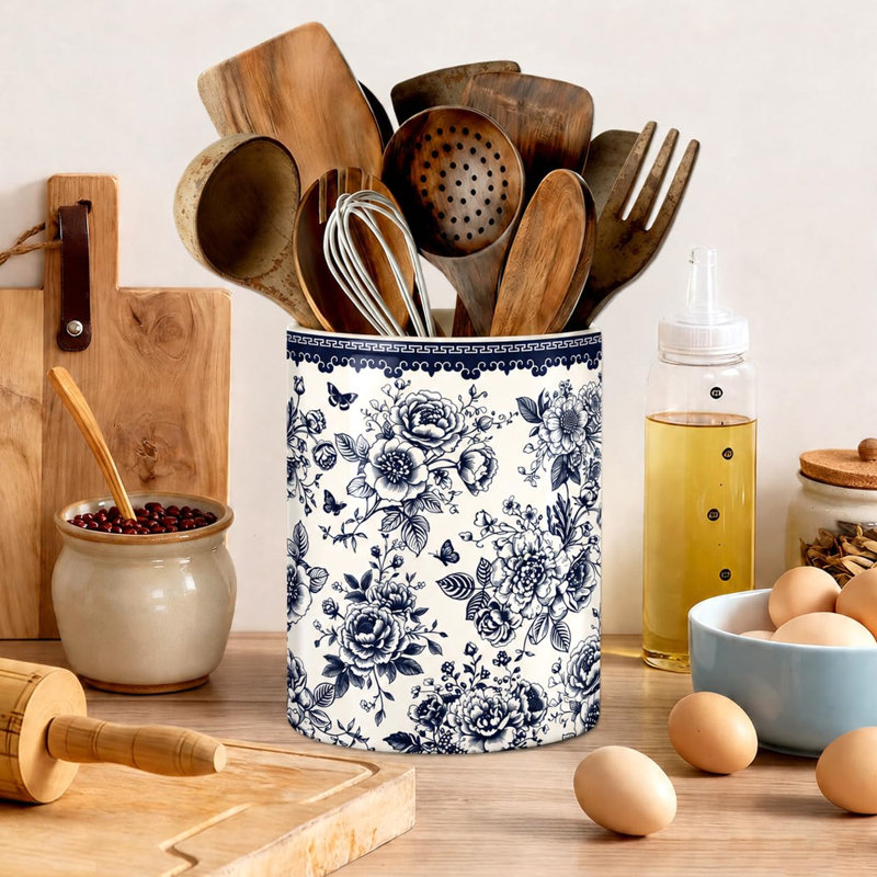 Porte-ustensiles floral pour cuisine, porte-ustensiles d'été en céramique
