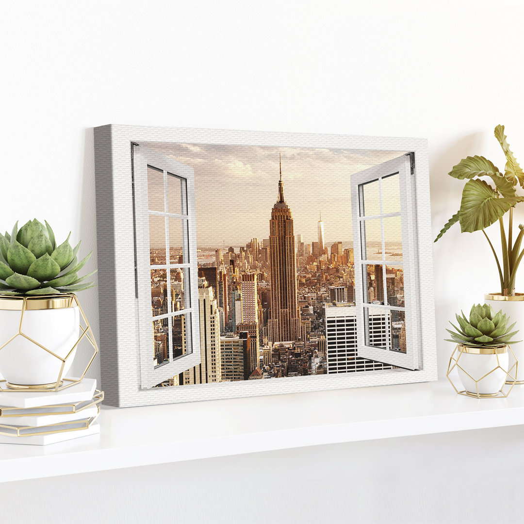 Leinwandbild Manhattan Empire State Building Fenster 100X75cm – Premium Leinwanddruck – Kunstdruck Auf 2Cm Holz-Keilrahm...