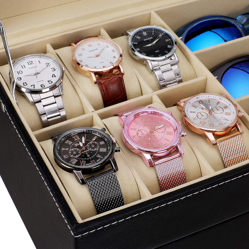 Leather Watch Box And Sunglass Glasses Case Organizer And Jewellery Display Drawer Lockable Case Organizer Black
