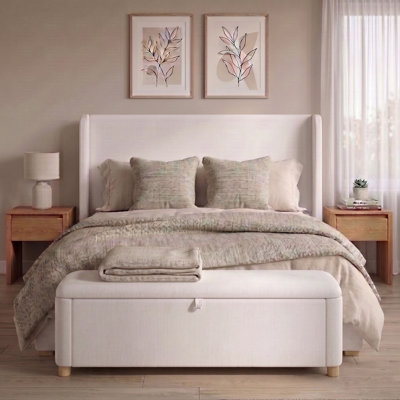 Ensemble de lit plateforme tapissier très grand 2 pièces avec banc de rangement assorti, ensemble de lit avec repose-pieds de rangement, aucun sommier nécessaire, crème