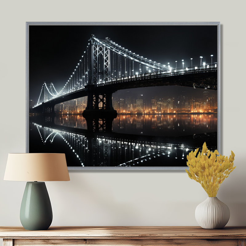 Pont noir de lumière - Ponts, art mural, H 12 po x l 20 po x P 1 po, Encadrement argenté