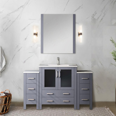 Single Bathroom Vanity In Dark Grey, 54 In. Width, White Ceramic Counter, Faucet, Soft - Close Feature, And 8 Drawers For Interior Storage Grey W Bathroom, Faucet Included, Drawers, Stain Surface