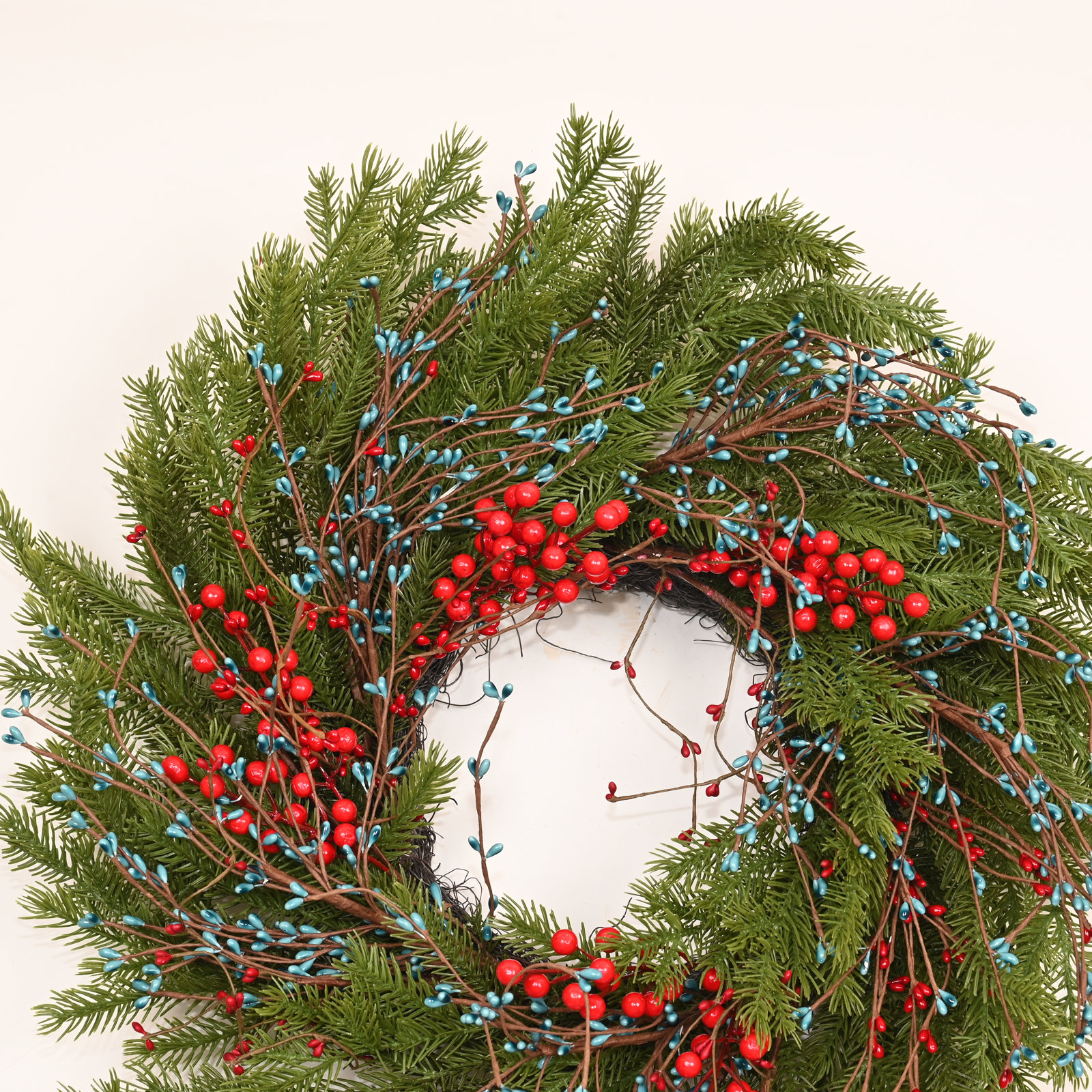24" Handcrafted Frosted Pine Christmas Wreath, Green/Red/Blue