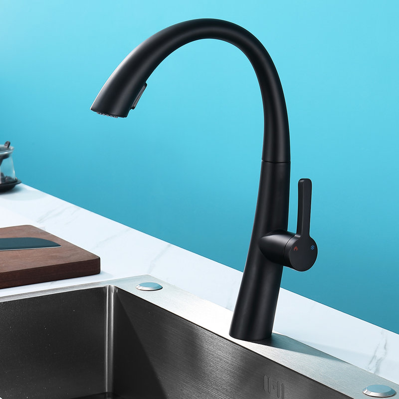 Stainless Steel Pull Out Kitchen Faucet, Matte Black, High Arch Spout, 1.5 Gpm Flow Rate, 27.56 Inch Hose Length Black Down High Flow, Soft Spray For Rinsing