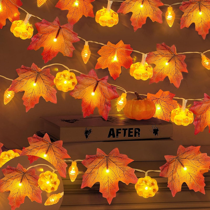 Paquet de 2 guirlandes d'automne avec minuterie de citrouille, lumières d'automne de 13 pi et 60 DEL à feuilles d'érable imperméables à piles
