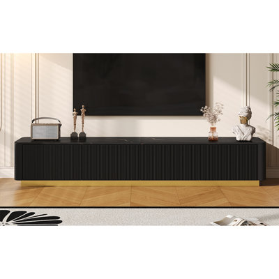Meuble télé de luxe cannelé pour téléviseur de 85 po ou moins, console multimédia en faux marbre avec 4 tiroirs, profil incurvé, centre de divertissement moderne avec base dorée pour le salon