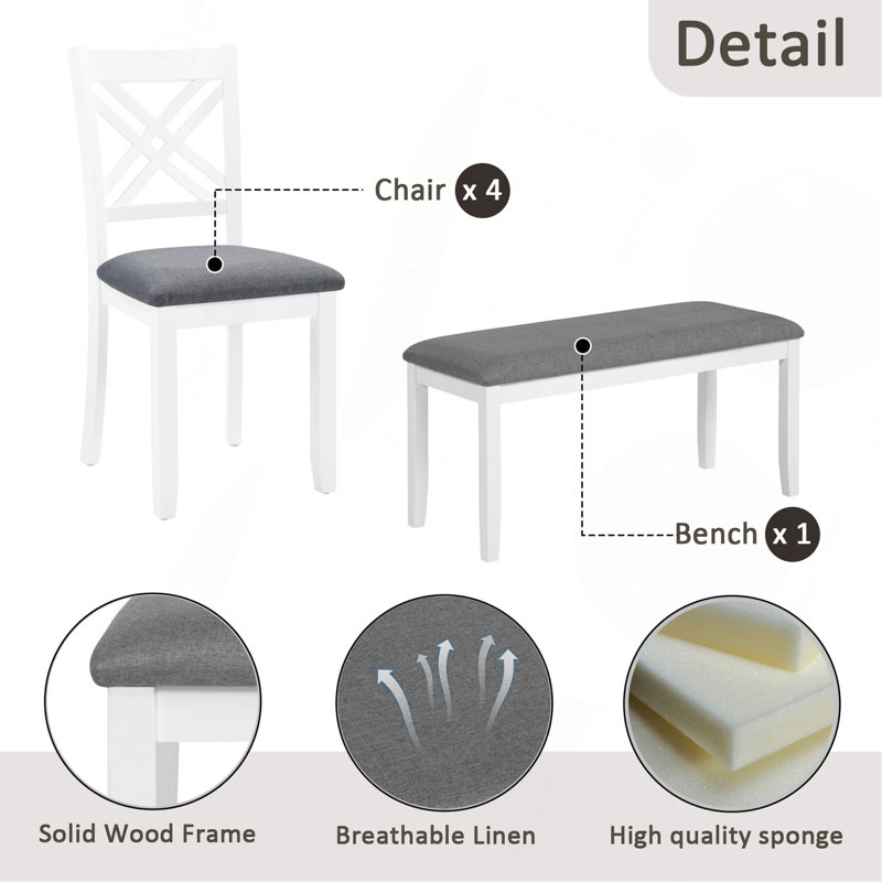 Ensemble de salle à manger de cuisine 6 pièces, table de salle à manger rectangulaire en bois avec 4 chaises rembourrées et un banc, ensemble de table de salle à manger pour 6 personnes, salon et cuisine deux tons
