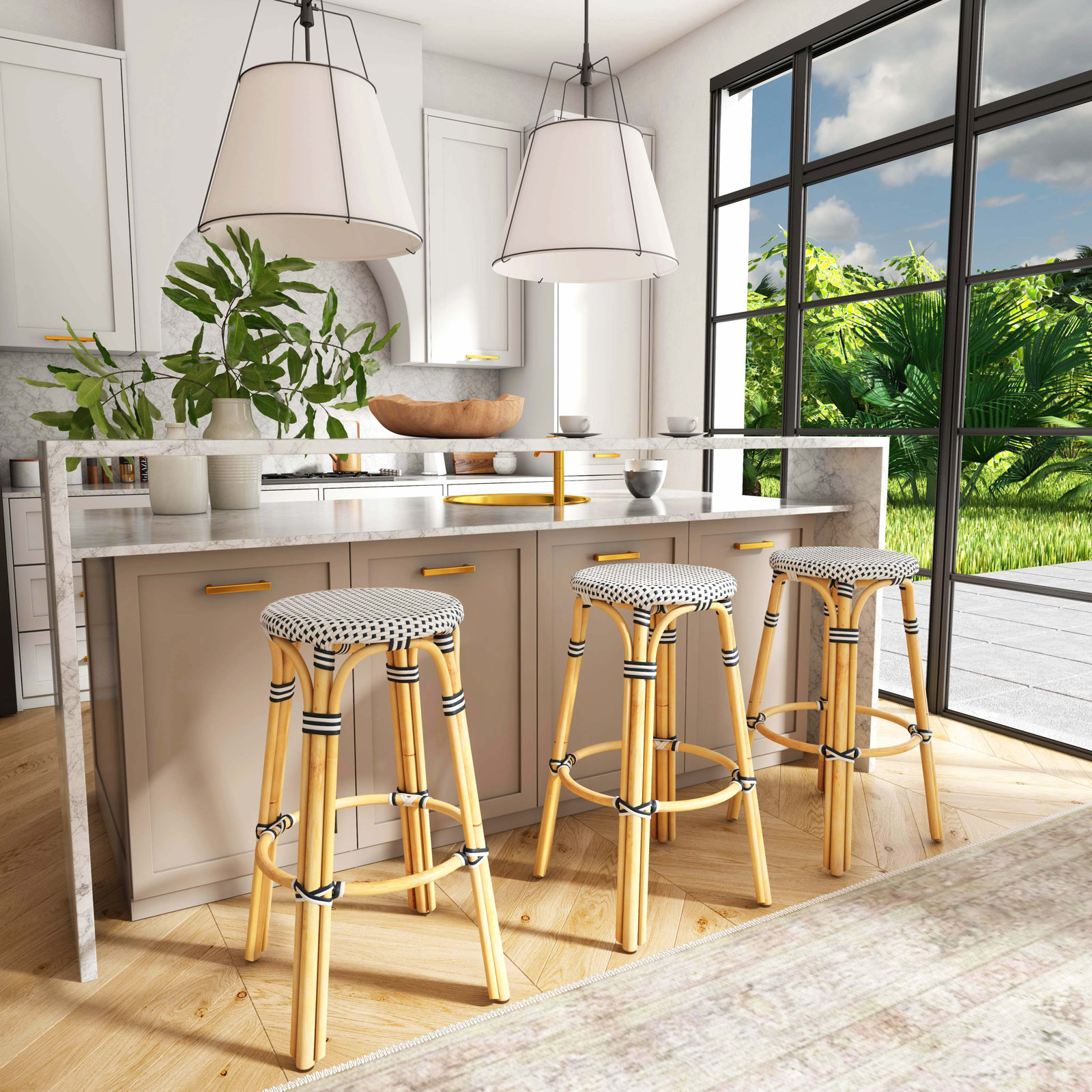 Alastair Bar & Counter Stool, Bar Stool (30" Seat Height), White/Black Dot/Natural Rattan Frame
