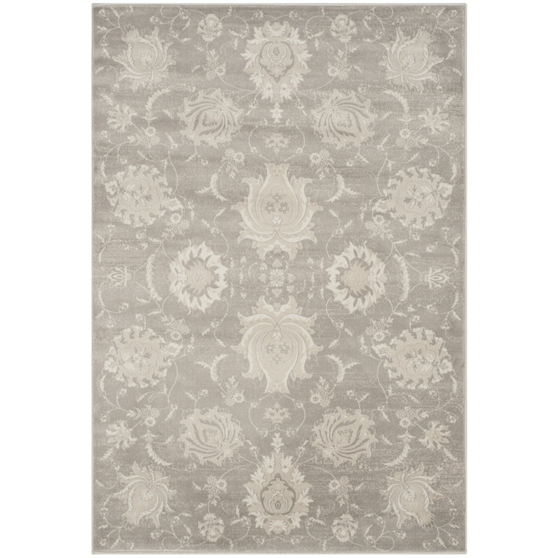 Grey and Ivory Hand-Knotted Viscose Rectangular Area Rug