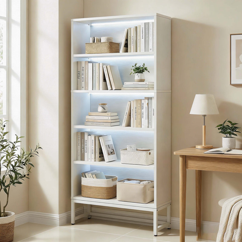 Bookcase With Adjustable Led Lights, 5 Tier Wood Bookshelf With Metal Support, White